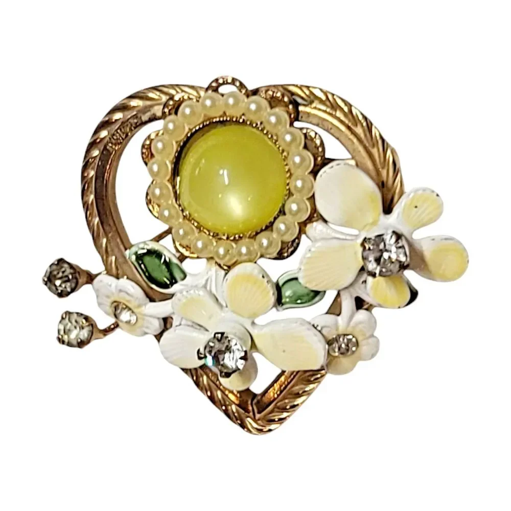 Vintage Gold Tone Rhinestone Faux Pearl Enamel Flower Bouquet Heart Brooch Pin